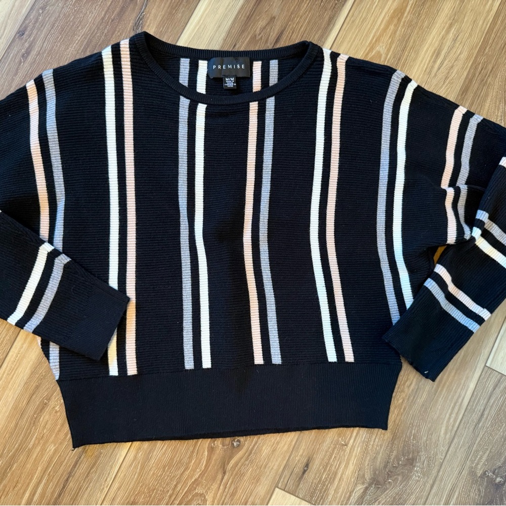 Premise Black and White Striped Crew Neck Sweater
